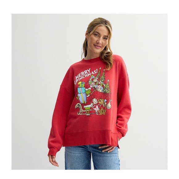 Sweaters - The Grinch Merry Christmas Graphic Crewneck Fleece in Red